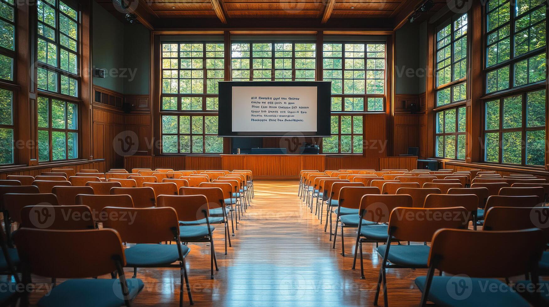 A large room with rows of chairs and a projector screen photo