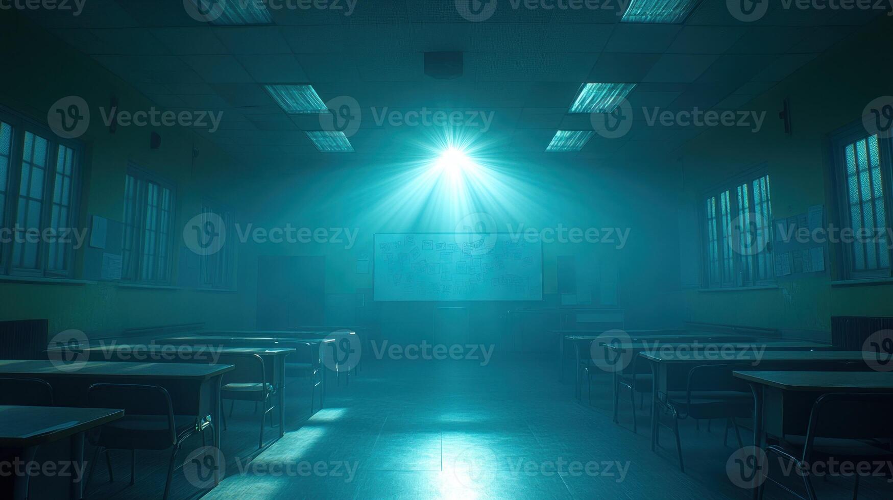 An empty classroom with a bright light shining through the window photo