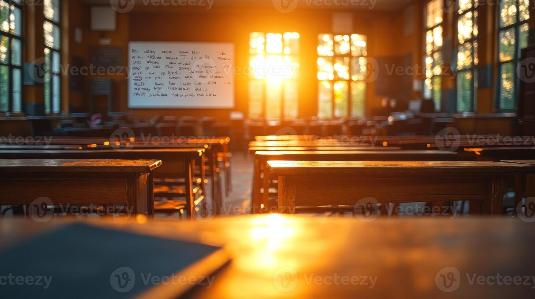 An empty classroom with the sun setting behind it photo