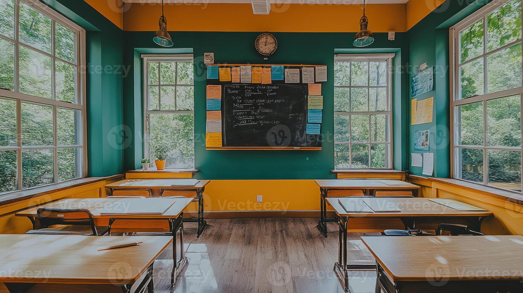 An empty classroom with yellow walls and wooden desks photo