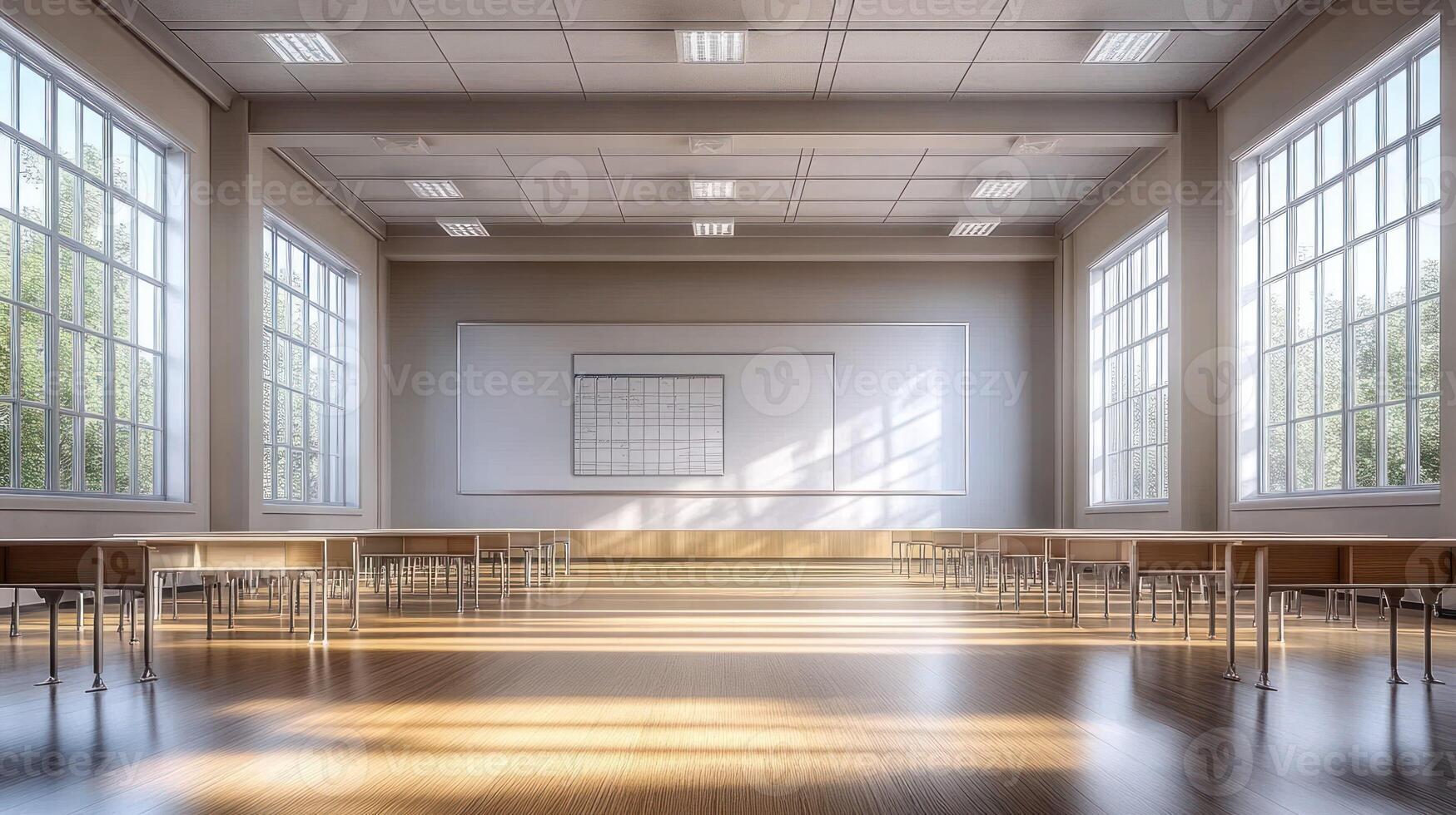 Empty classroom with large windows and wooden floors photo