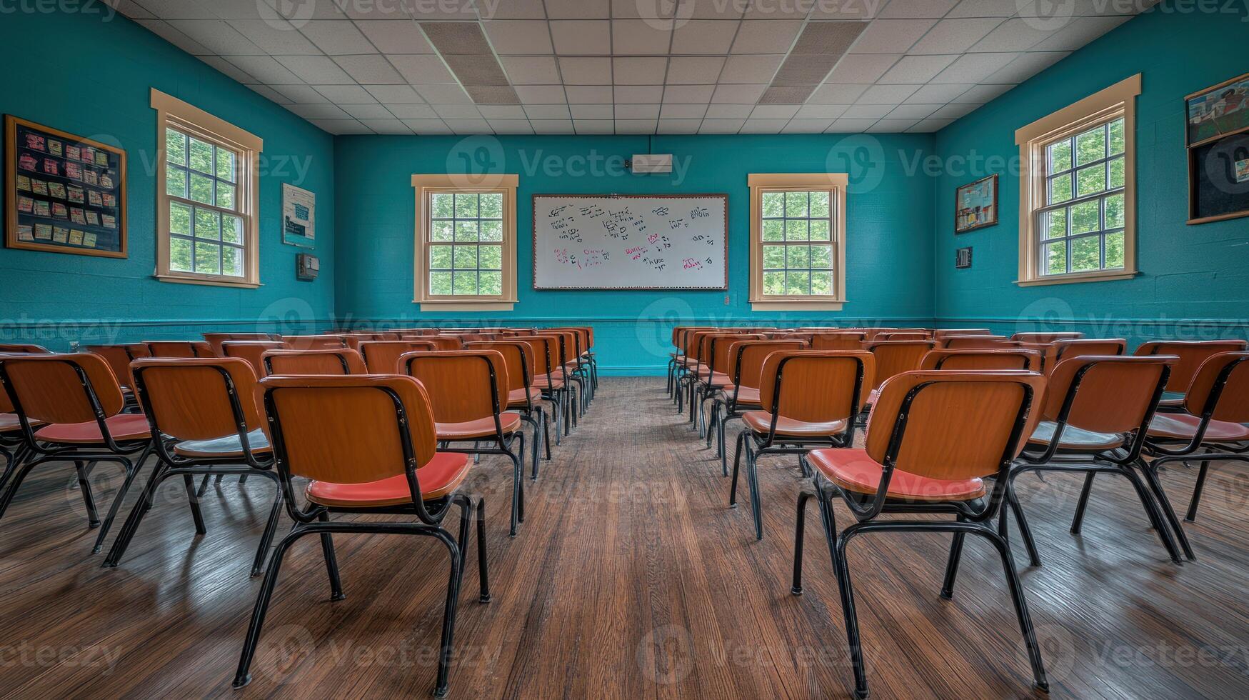 A room with many chairs and a white board photo