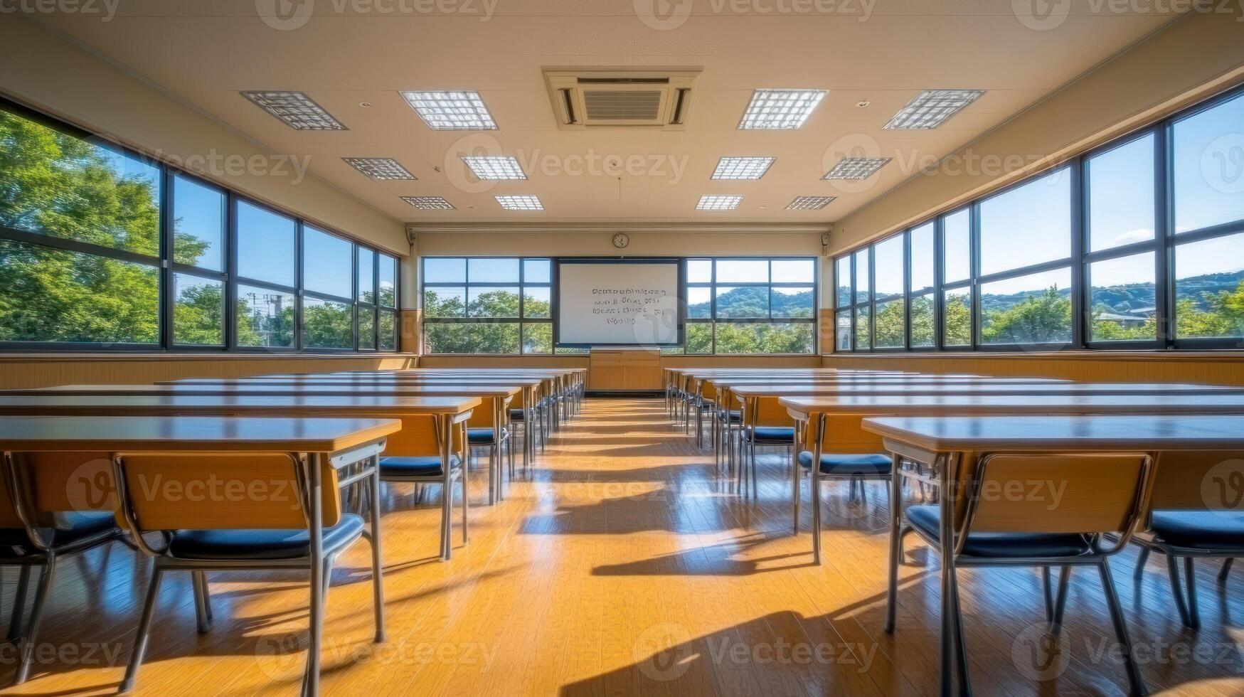 Empty classroom with large windows and wooden desks photo