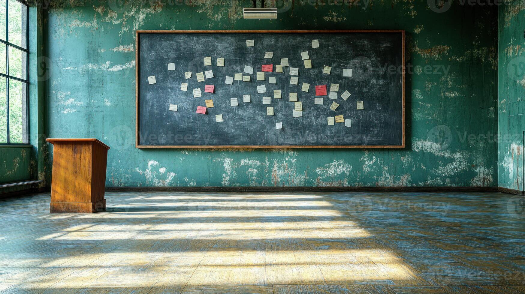 An empty classroom with a chalkboard and a wooden podium photo