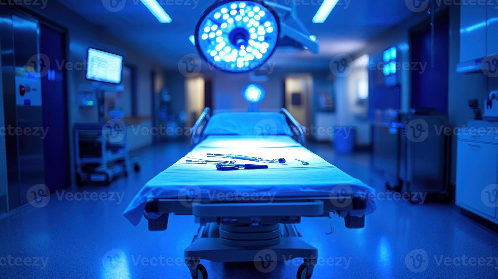 A hospital room with a bed and a light photo