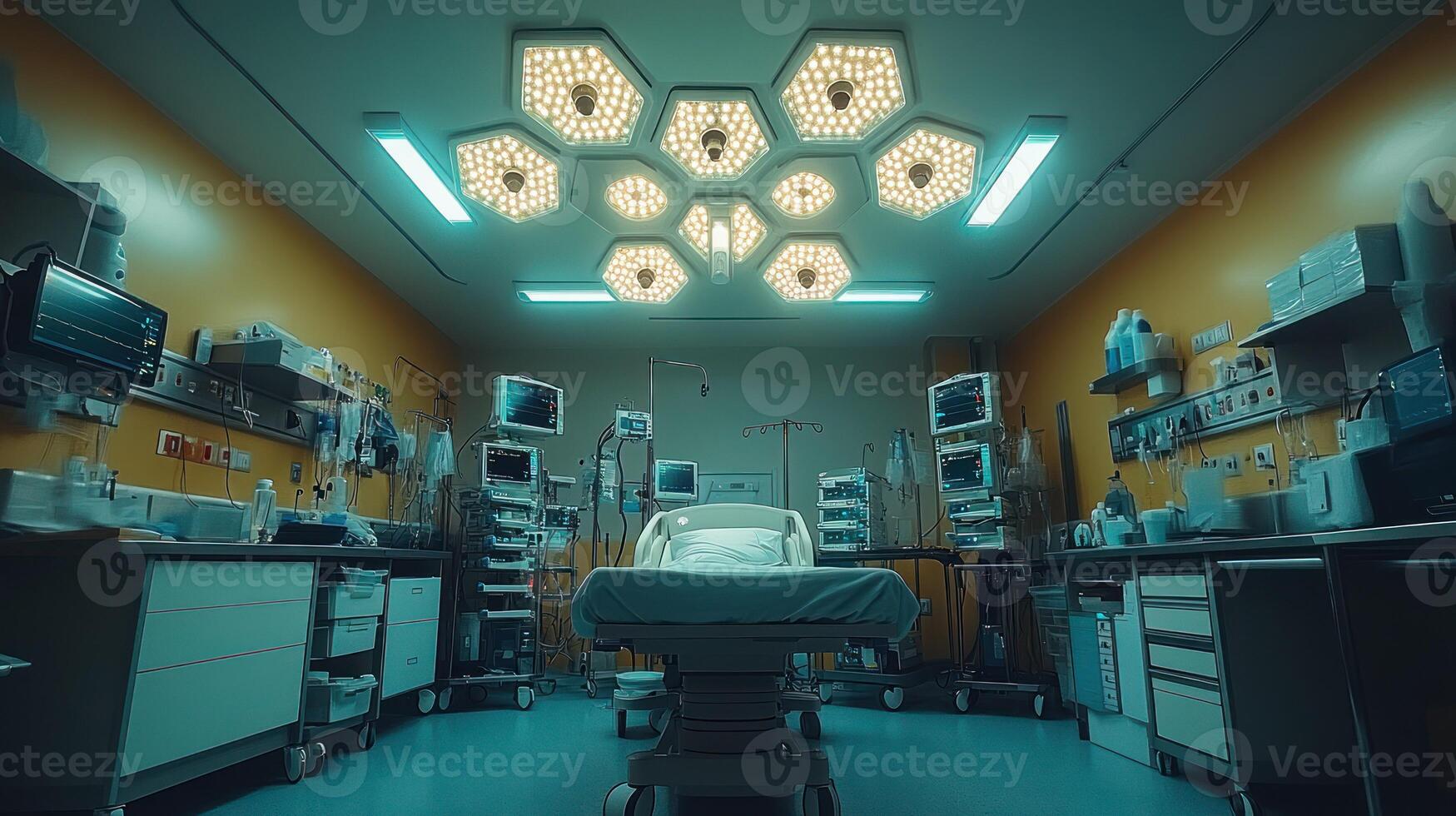 A hospital room with a bed and medical equipment photo