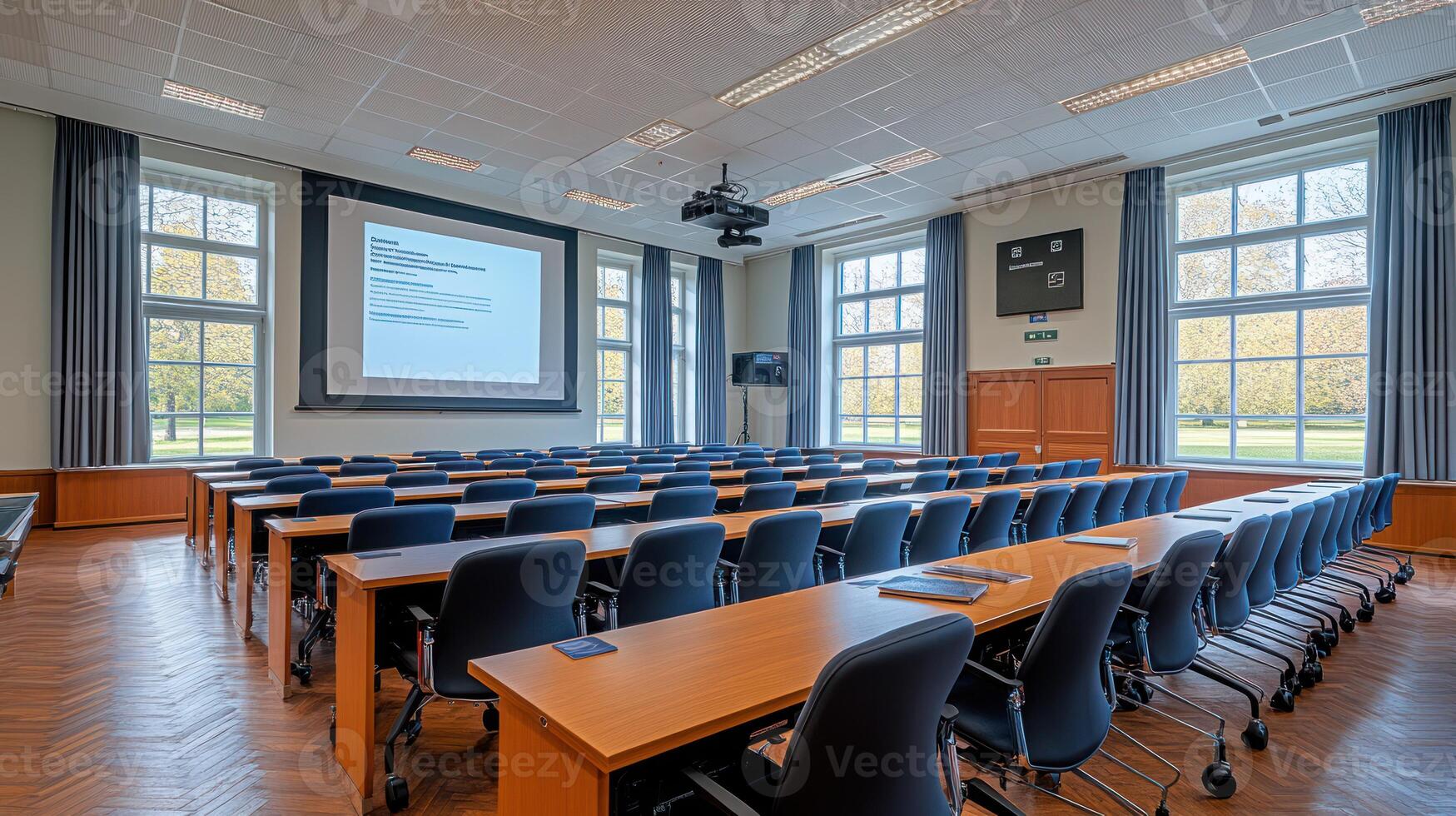 A large conference room with rows of chairs and a projector screen photo