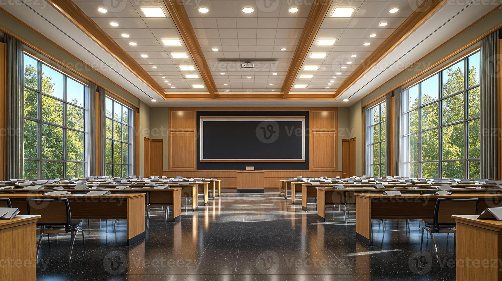 A large empty room with a large screen and lots of tables photo