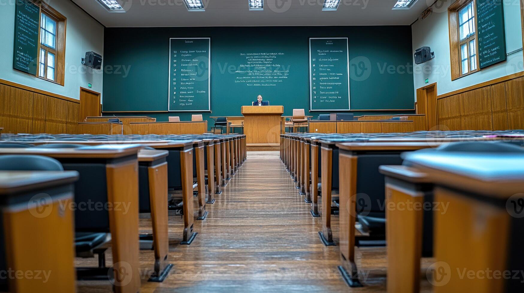 Empty lecture hall with rows of chairs and a green wall photo