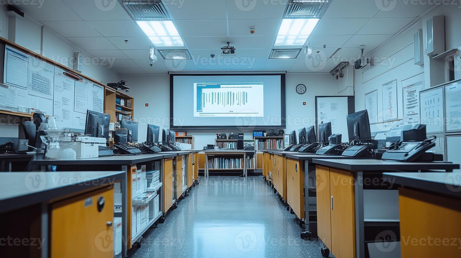 A long hallway with many desks and computers photo