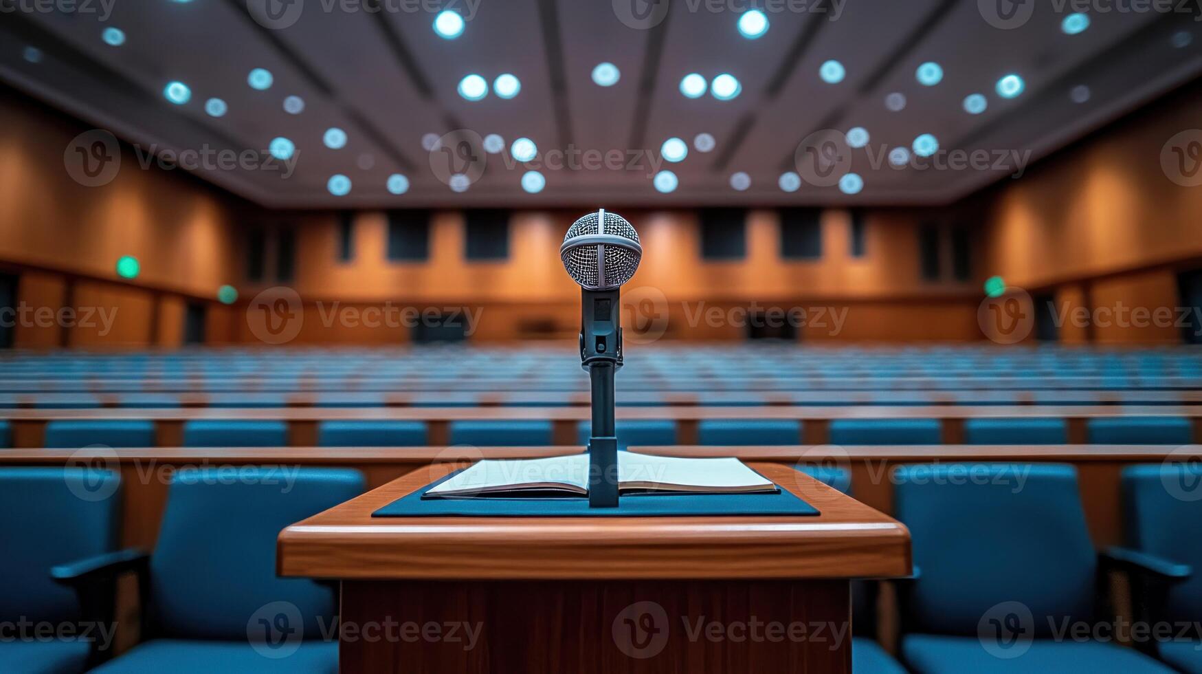 Microphone in a conference hall with blue chairs photo