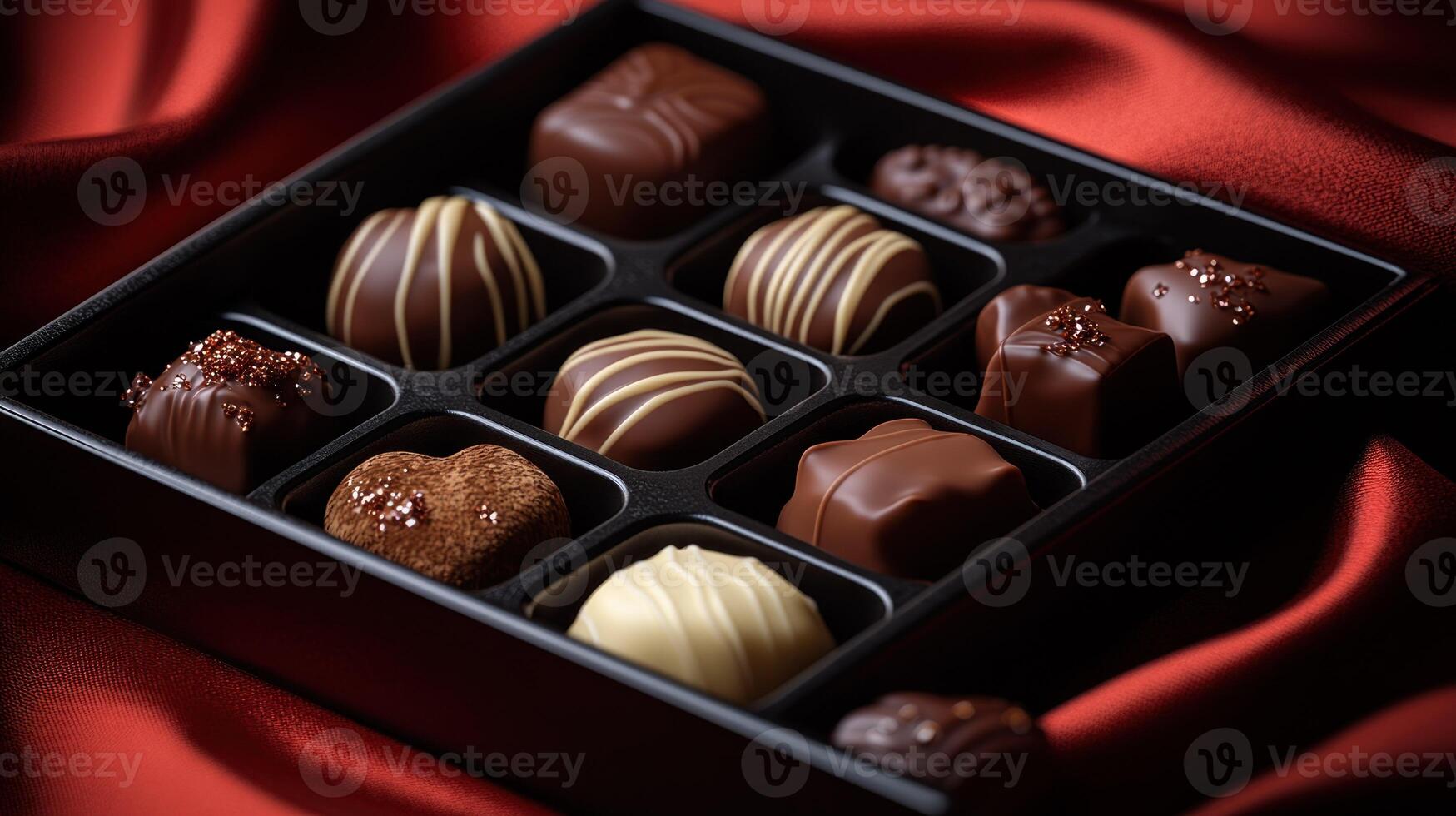A black box with chocolates on a red cloth photo