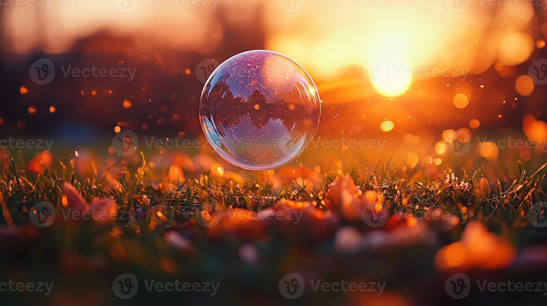 A bubble floating in the grass at sunset photo