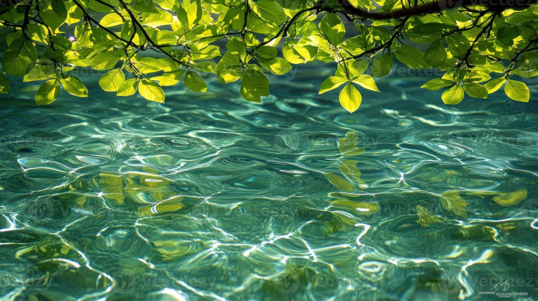 A tree branch is hanging over the water photo