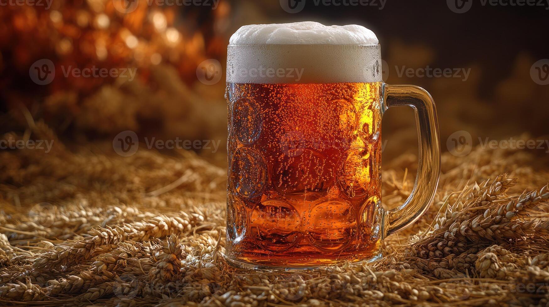 A beer mug sitting on top of a pile of wheat photo