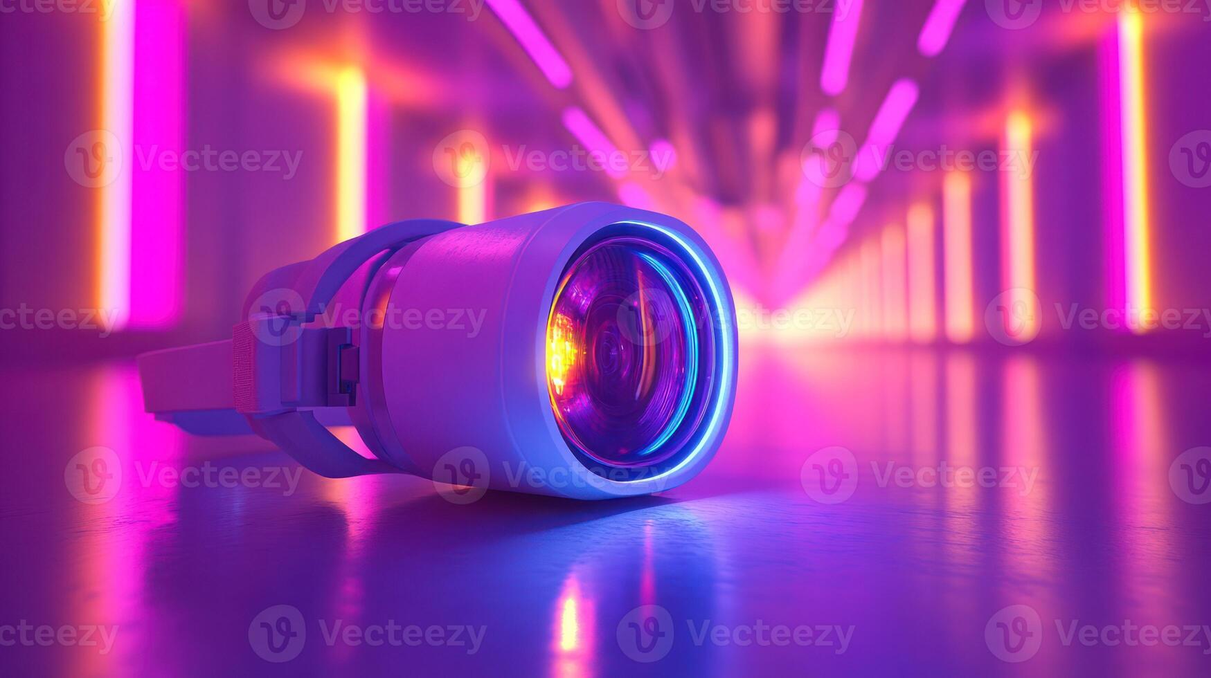 A spotlight is shown in a dark tunnel with neon lights photo