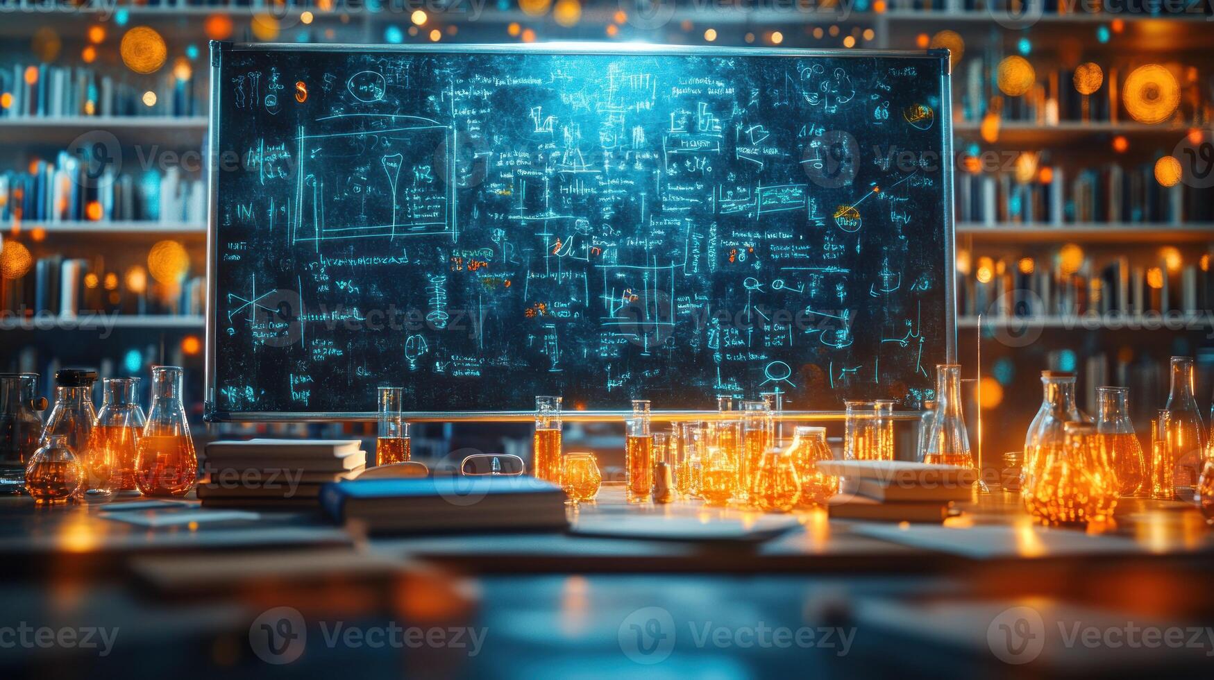 A laboratory with a chalkboard and a lot of glasses photo
