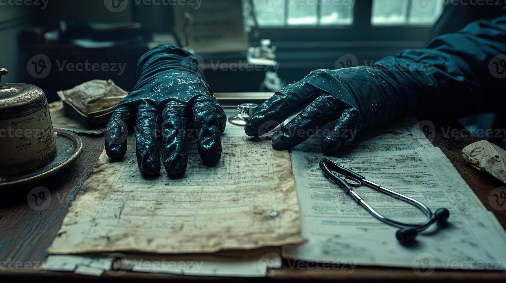 A person wearing gloves and a pair of scissors on a desk photo