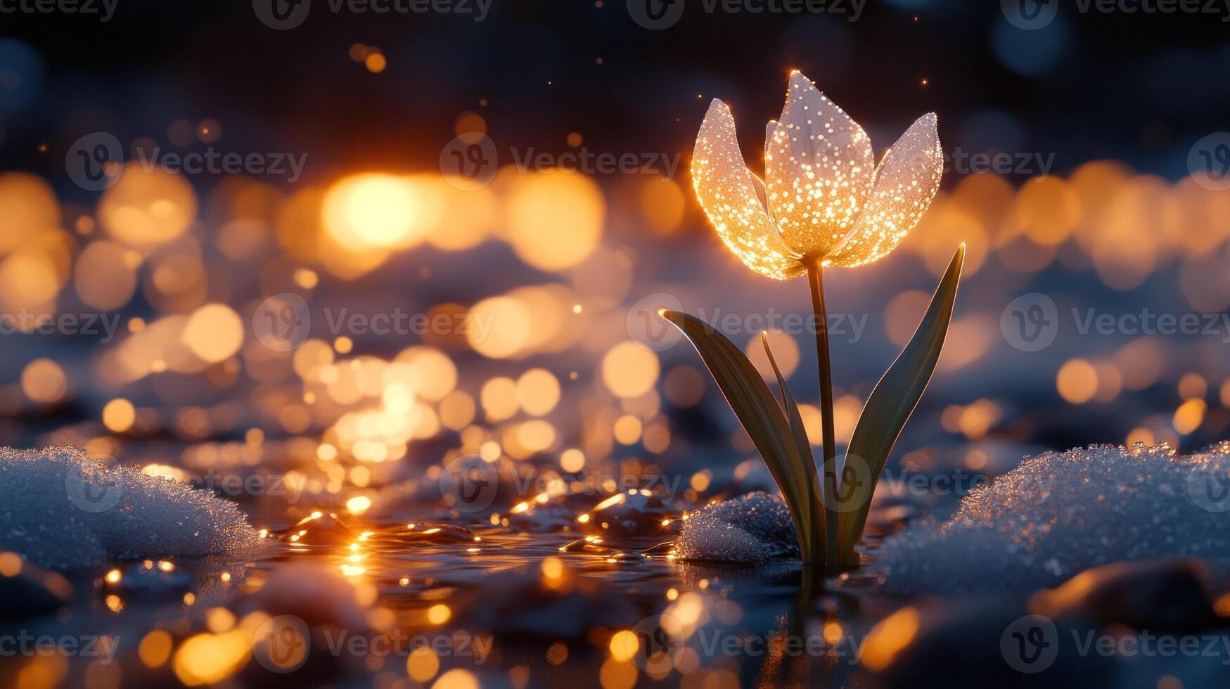 A single white flower is standing in the water with snow photo