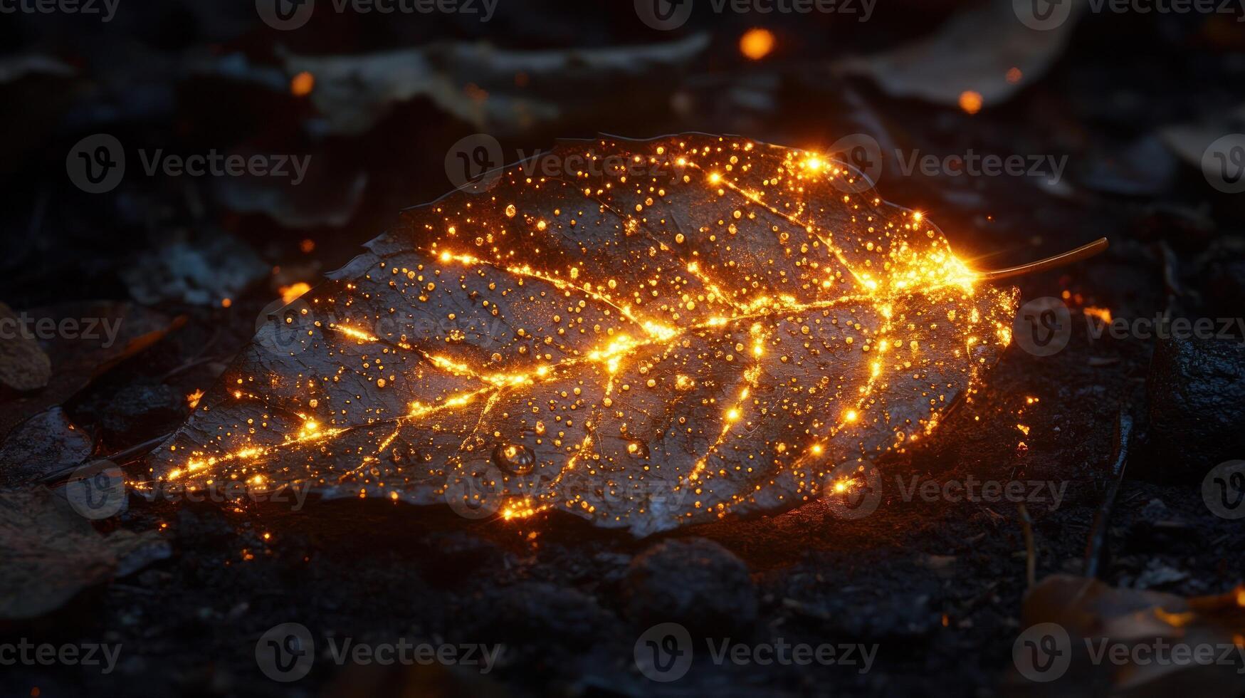 A leaf with glowing lights on it photo