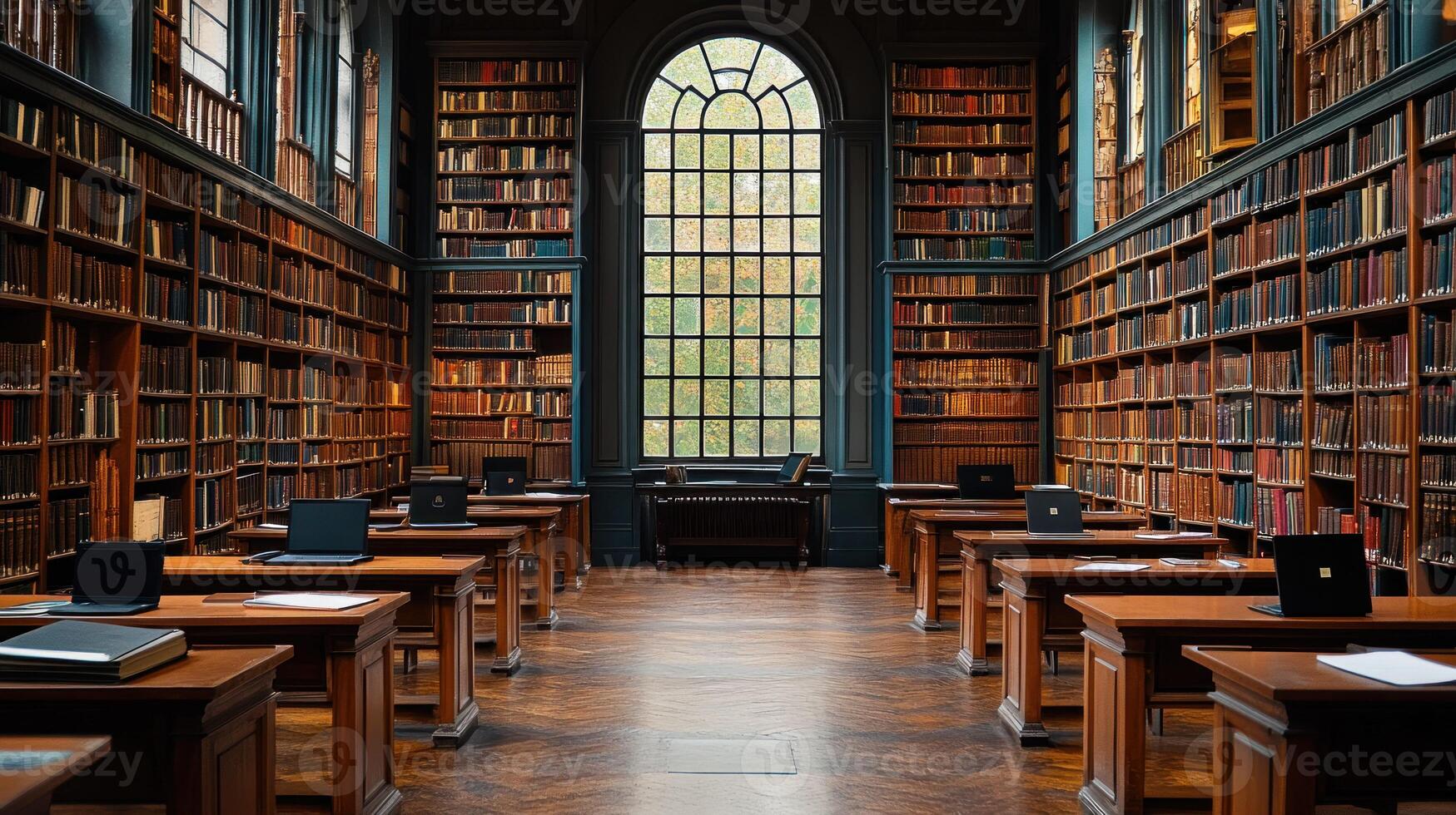 A library with many bookshelves and a large window photo