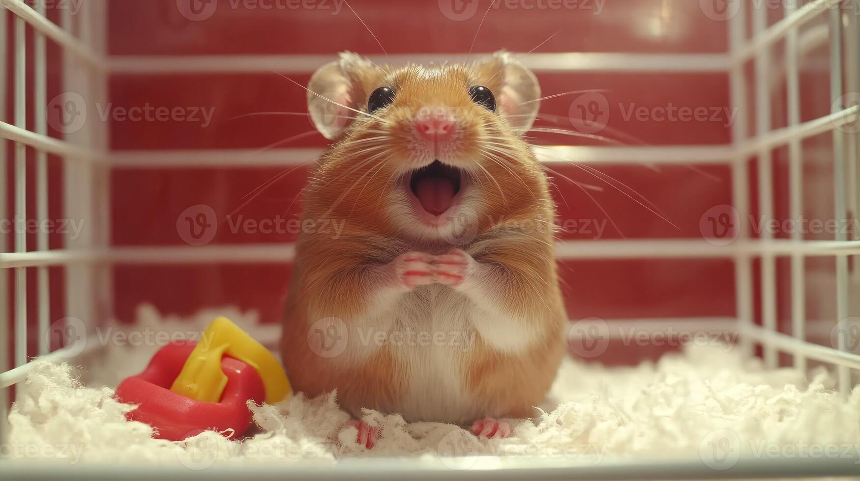 A hamster is sitting in a cage with its mouth open photo