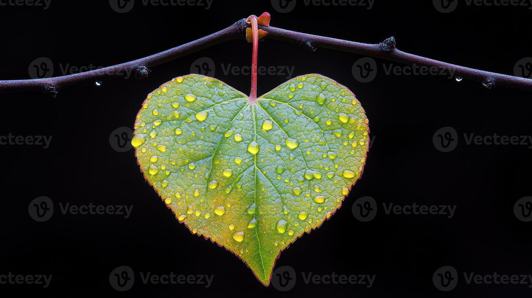 A green leaf with water droplets hanging from it photo
