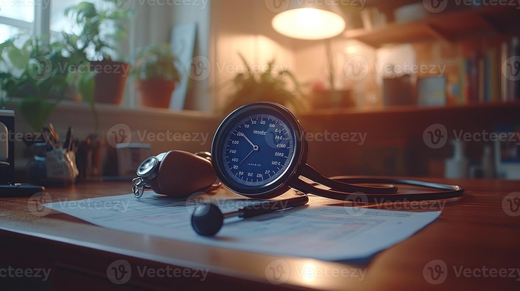 A stethoscope sits on a desk next to a paper photo