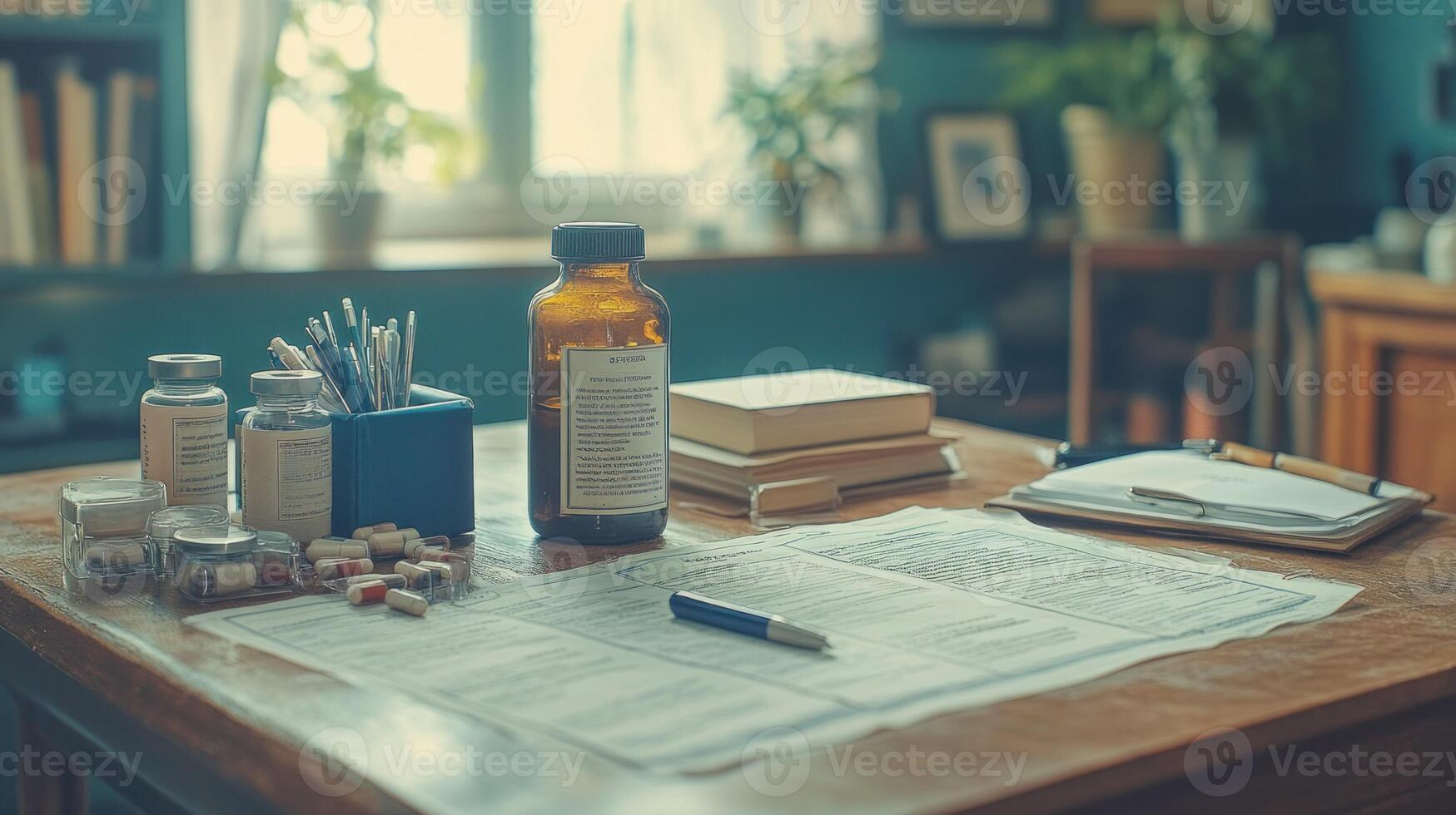 A table with a bottle of medicine, a pen and a notebook photo