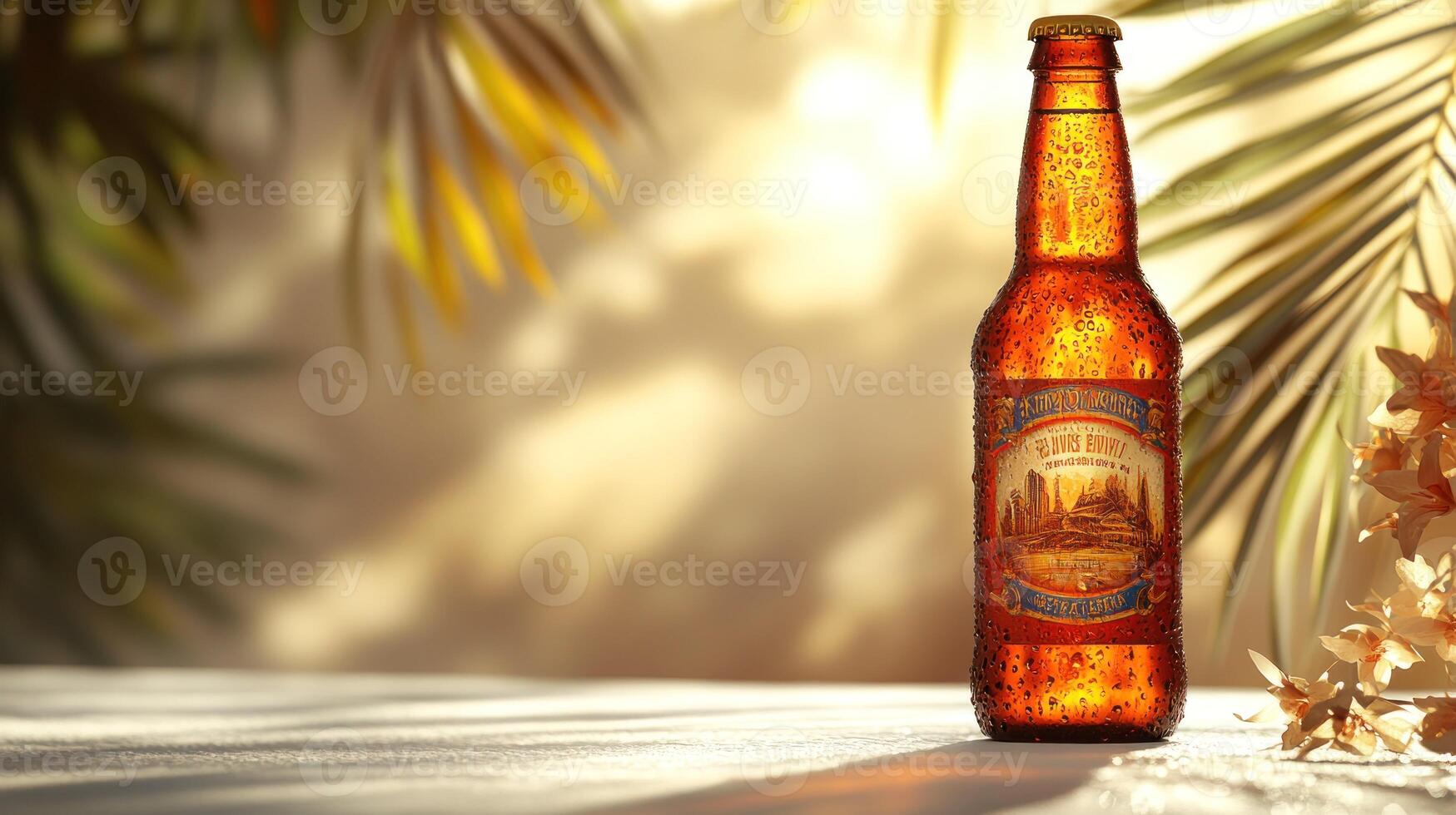 A bottle of beer sitting on a table next to palm leaves photo