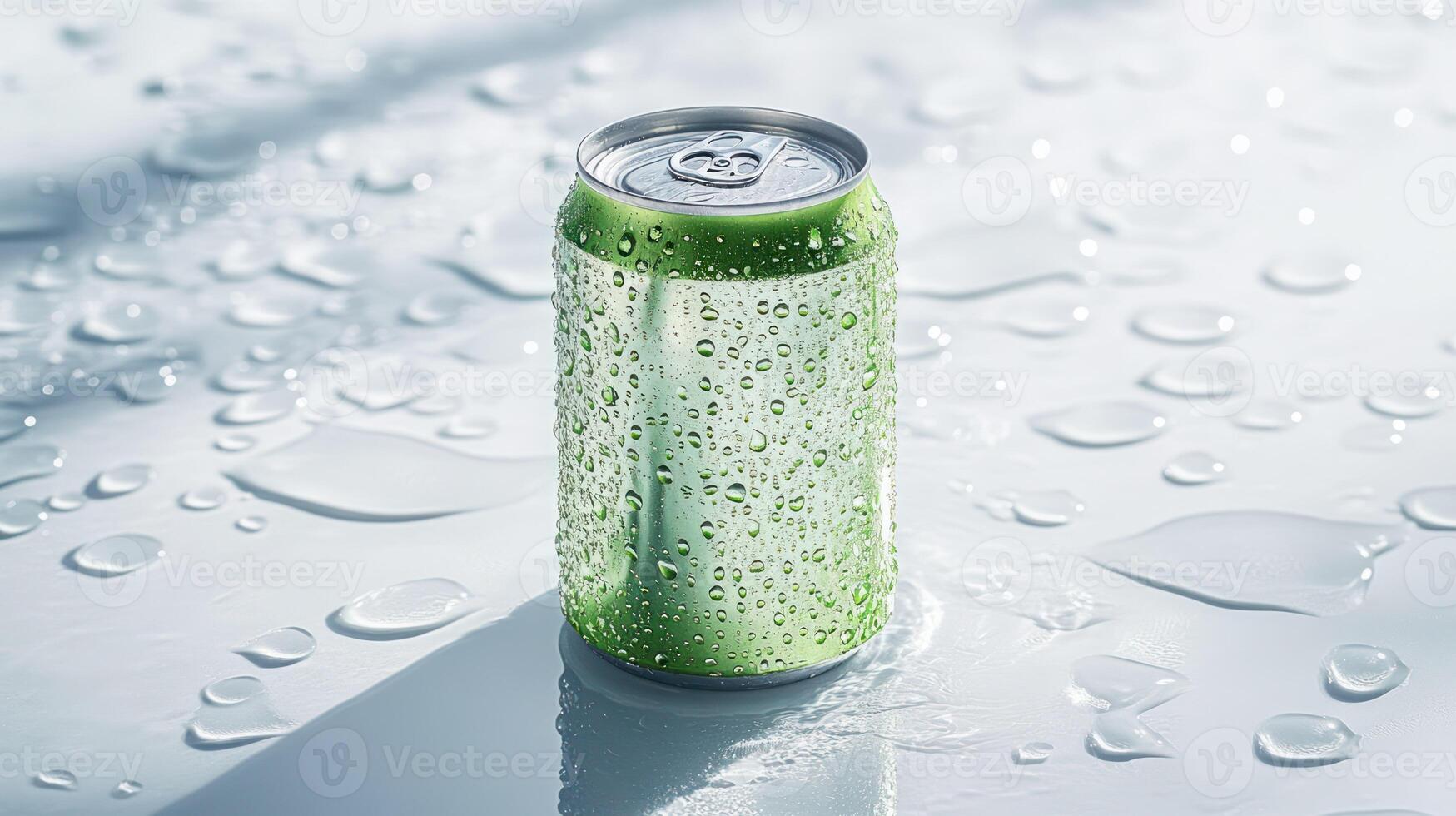 A can of soda sitting on a table with water droplets photo