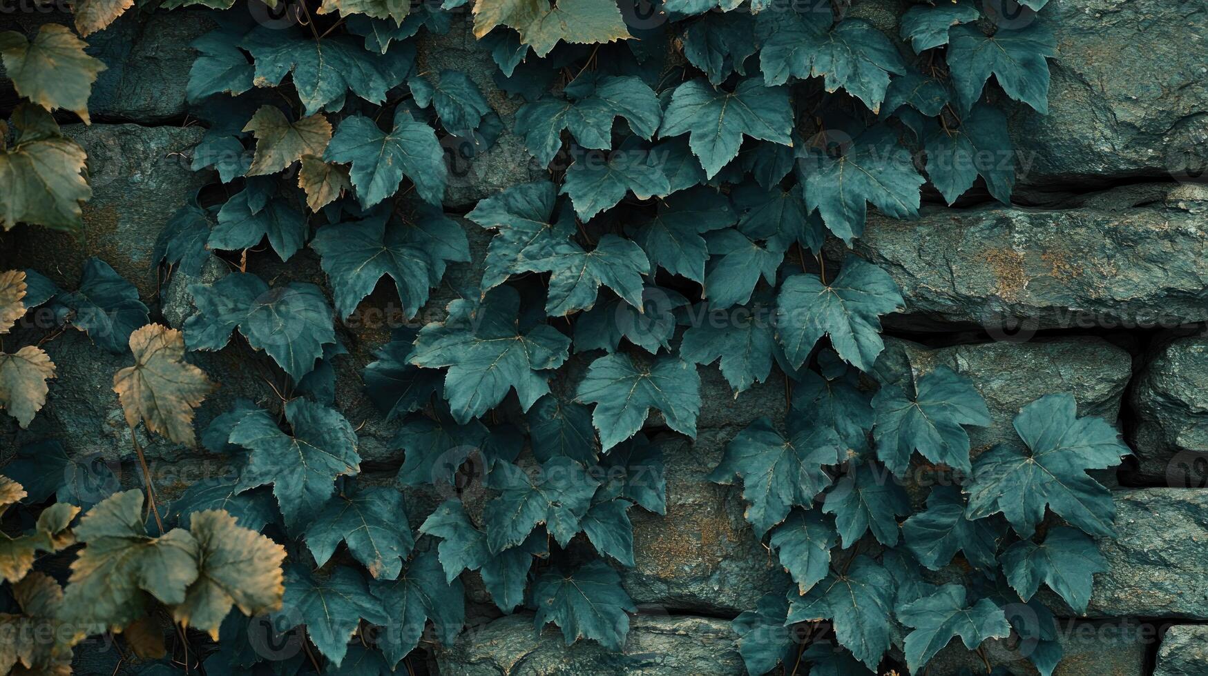 A stone wall with ivy growing on it photo