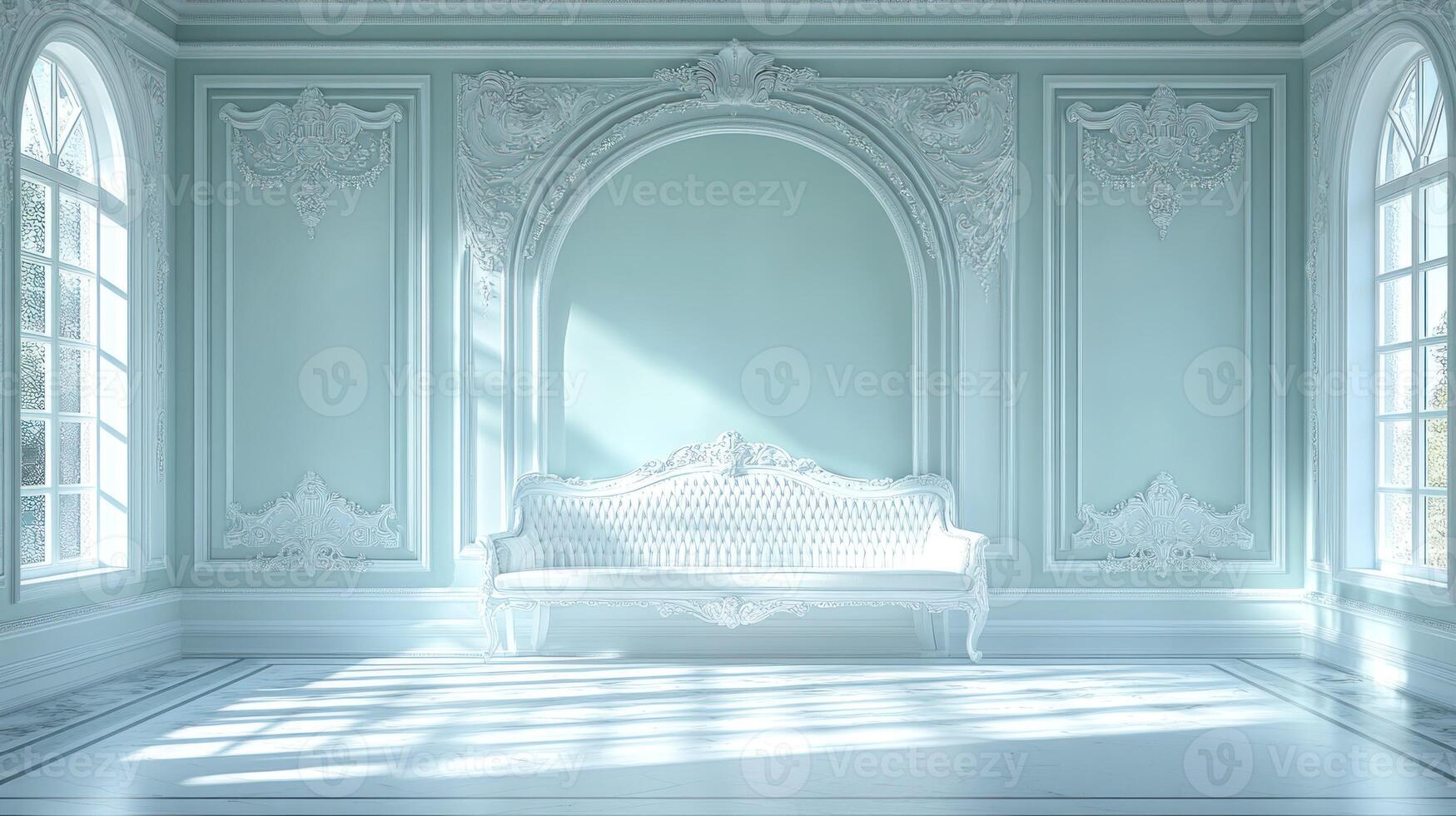 A room with a white bench and a window photo