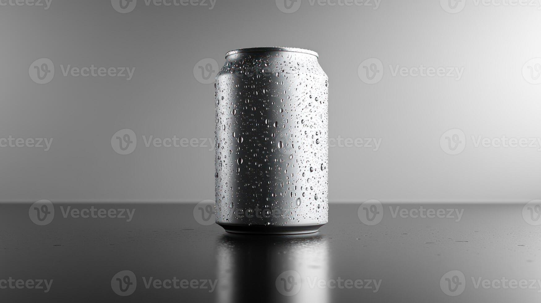 A can of beer on a table with a reflection photo