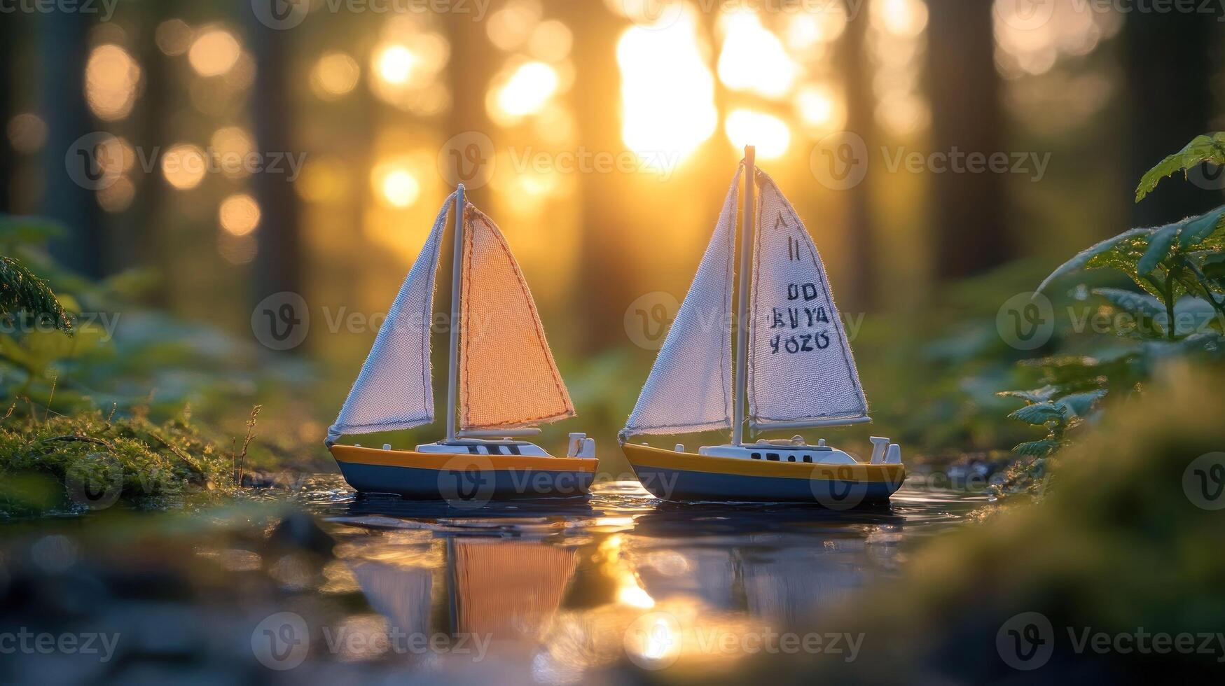 Two toy sailboats in the water with the sun setting photo
