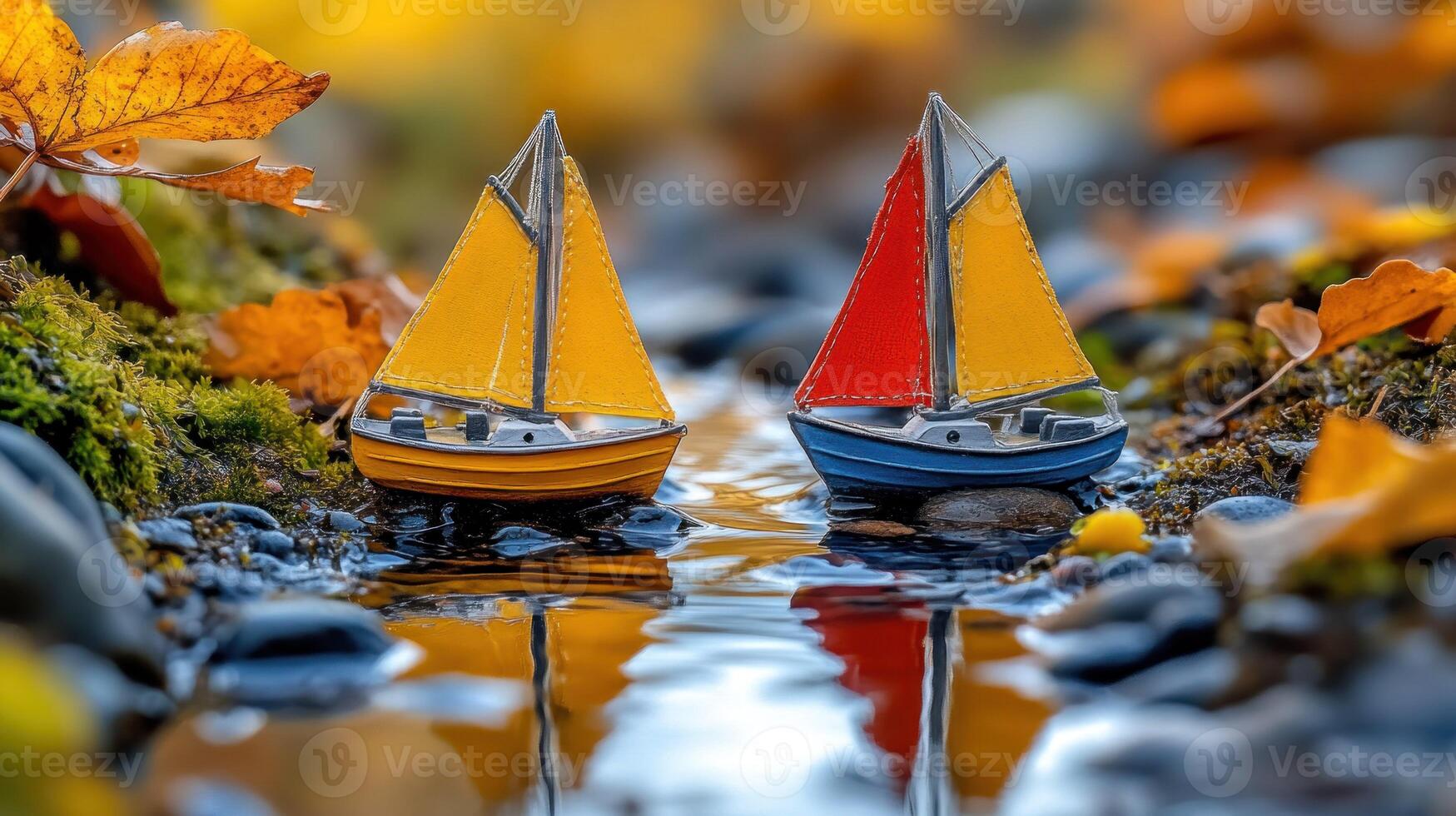 Two miniature sailboats are sitting on the water photo