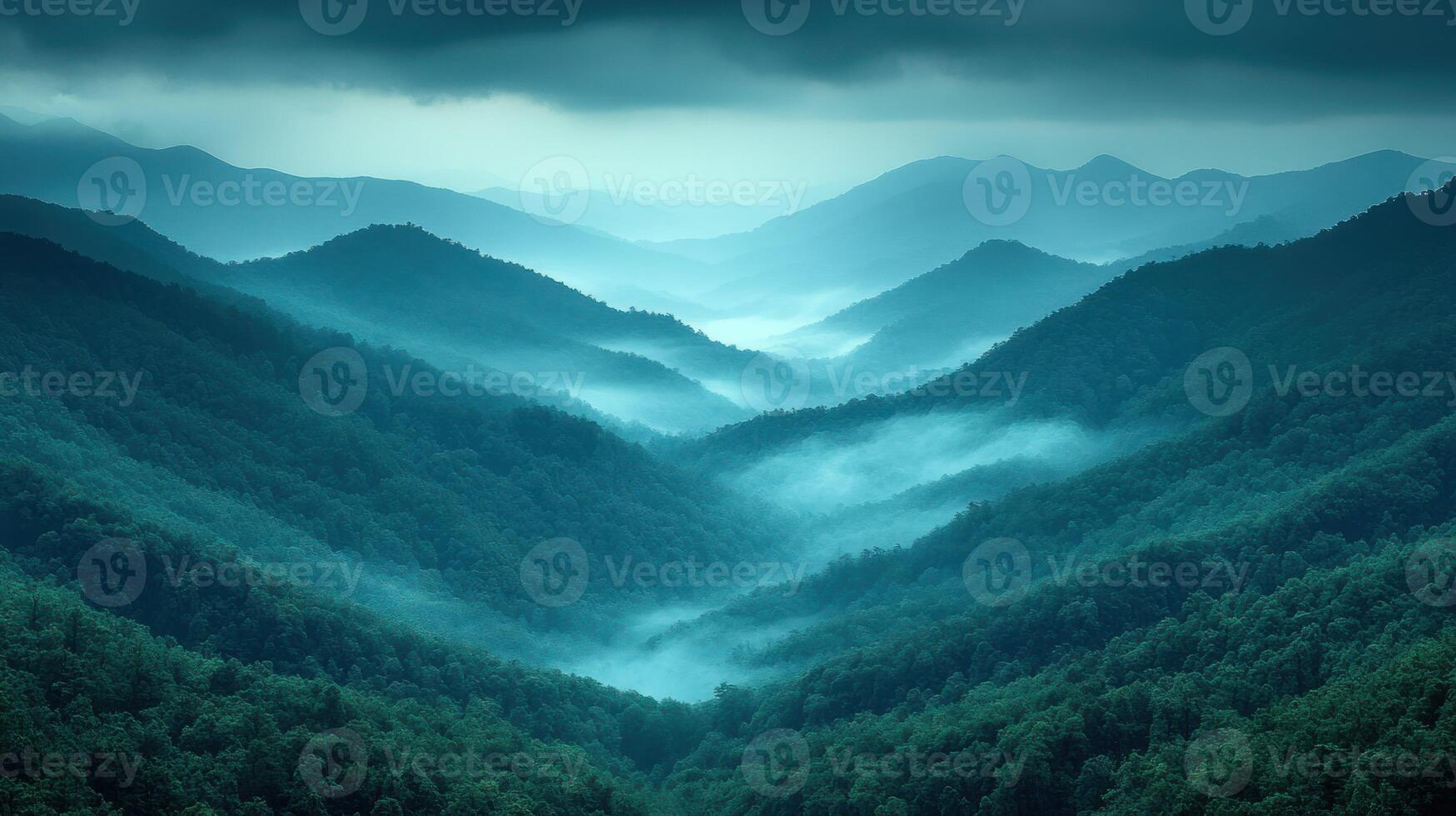 A view of the mountains with fog and trees photo