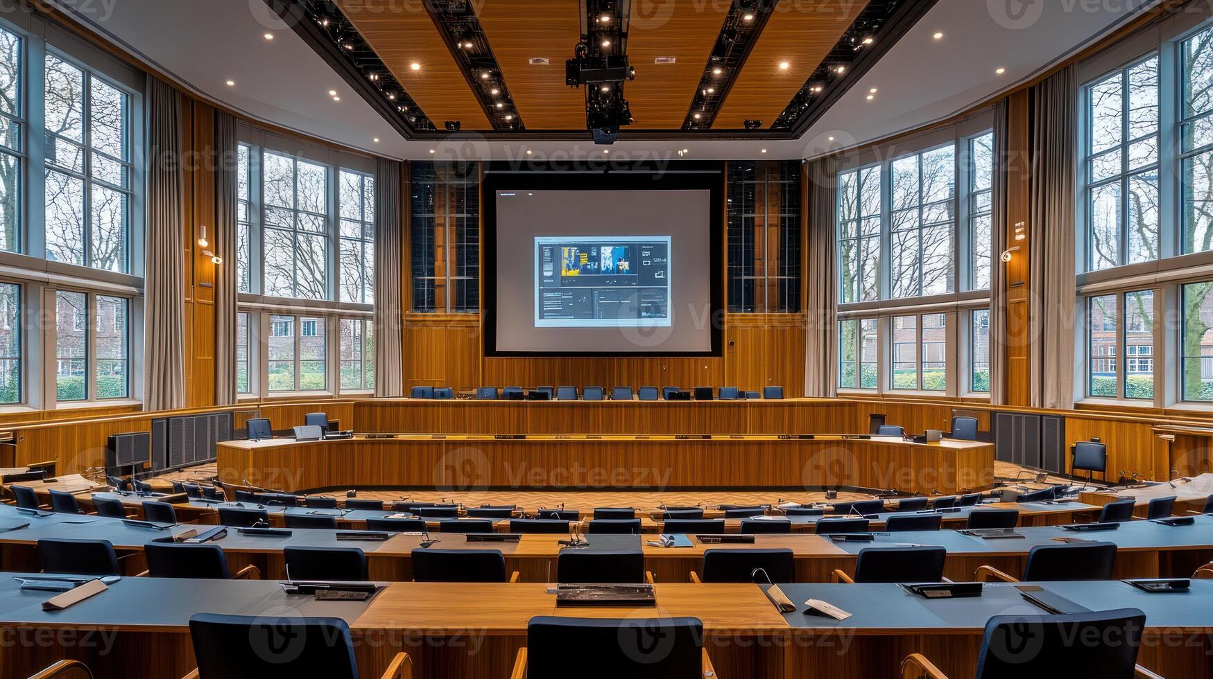 A large auditorium with many rows of chairs photo