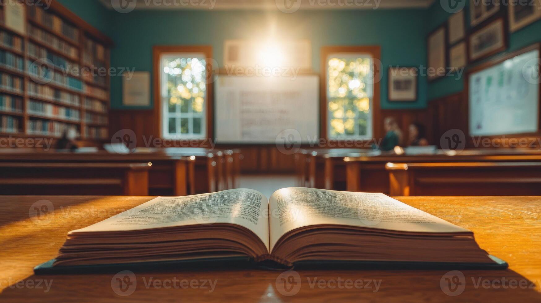 An open book on a table in a classroom with sunlight photo