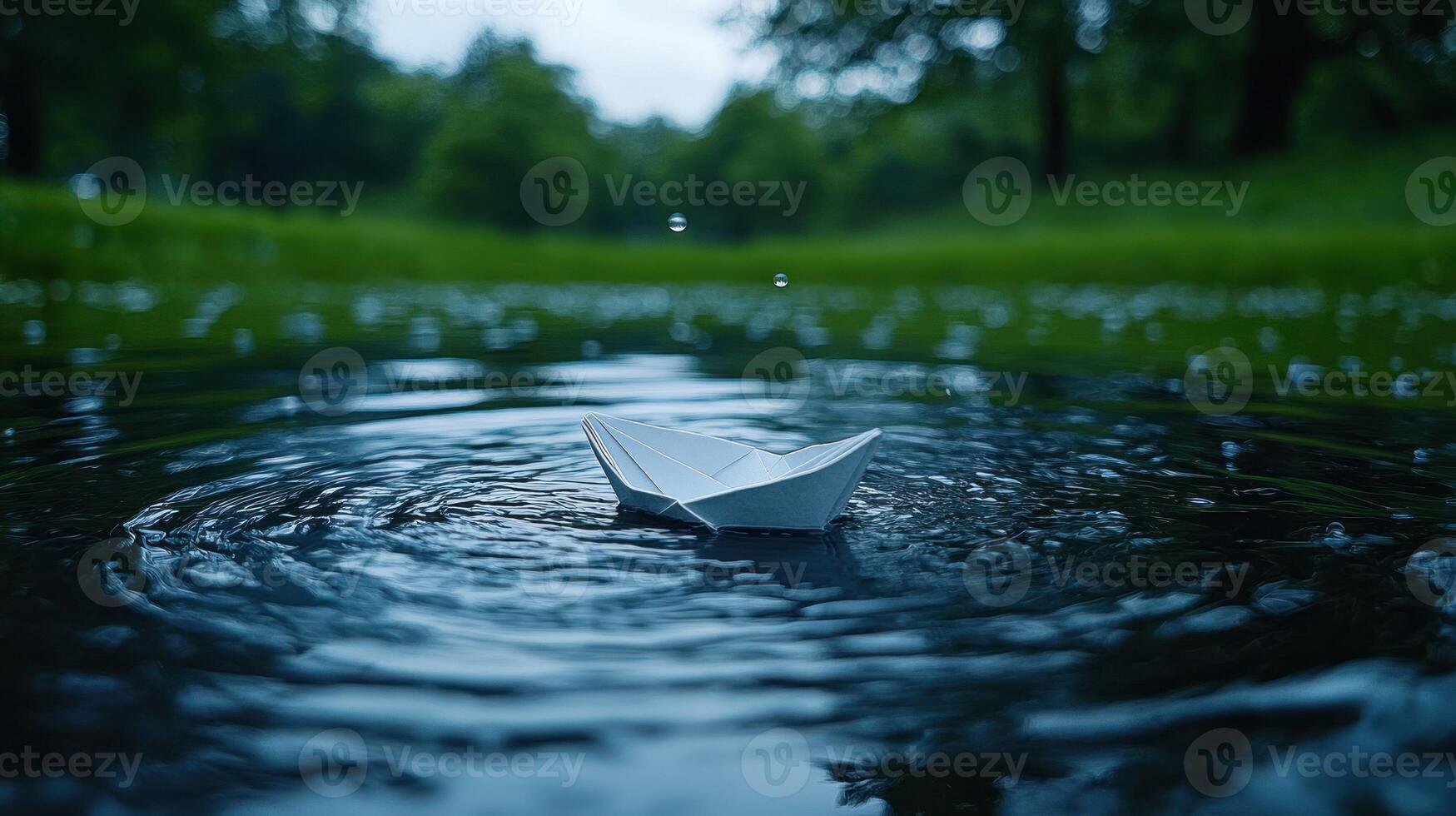 Paper boat floating in water with raindrops photo