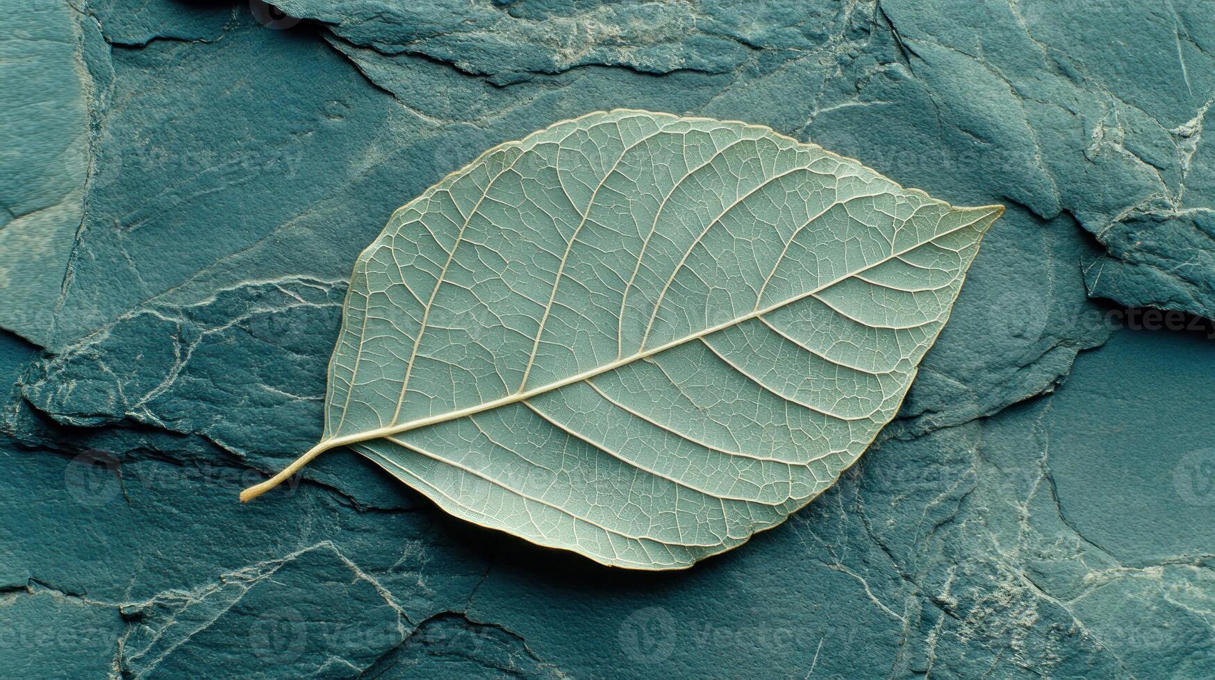 A leaf on a stone surface with a green background photo