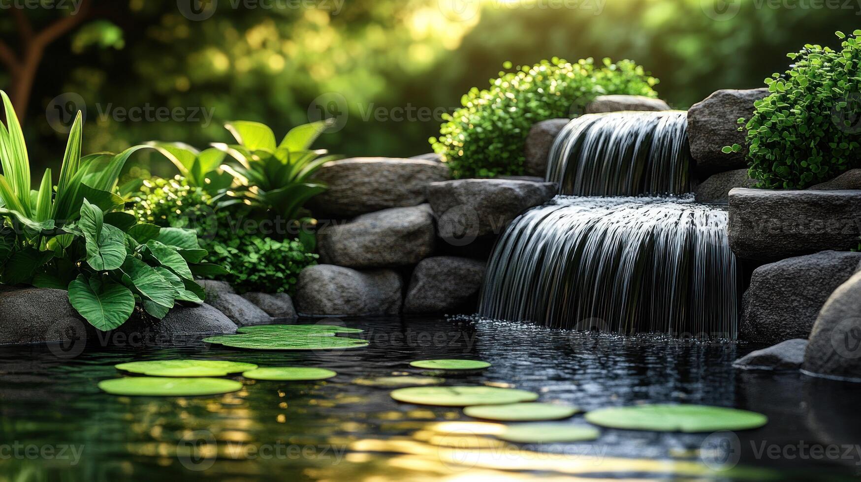 A waterfall in a pond with lily pads photo