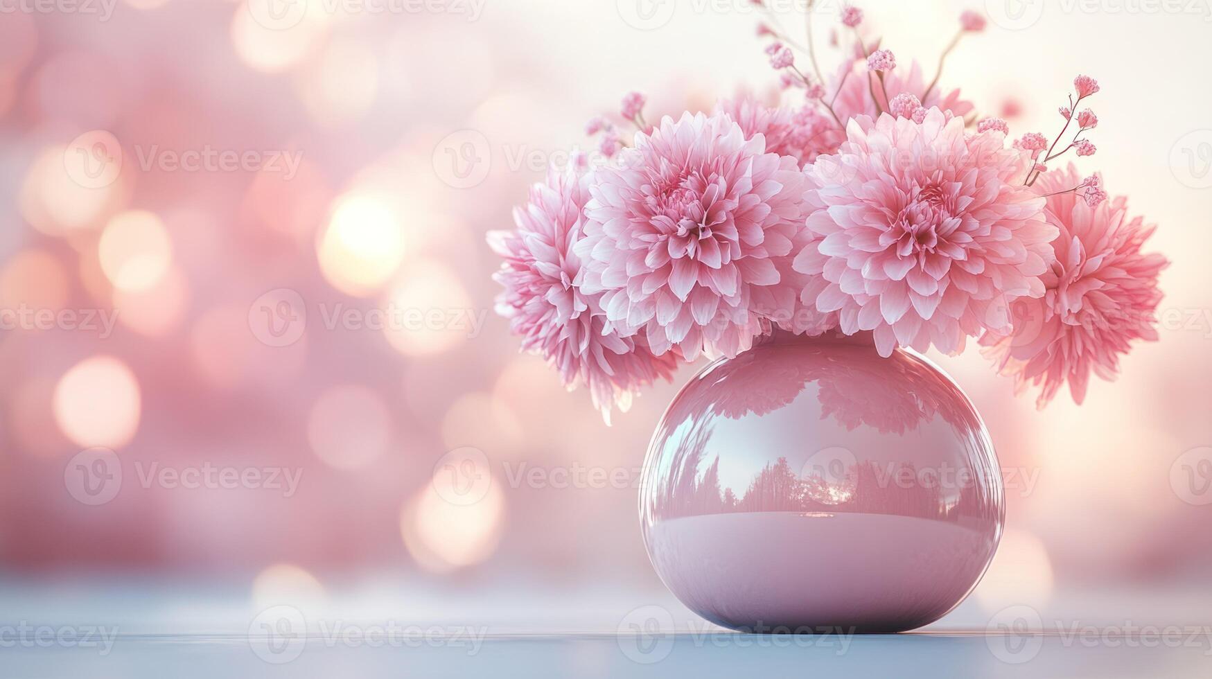 A pink vase with pink flowers on a table photo