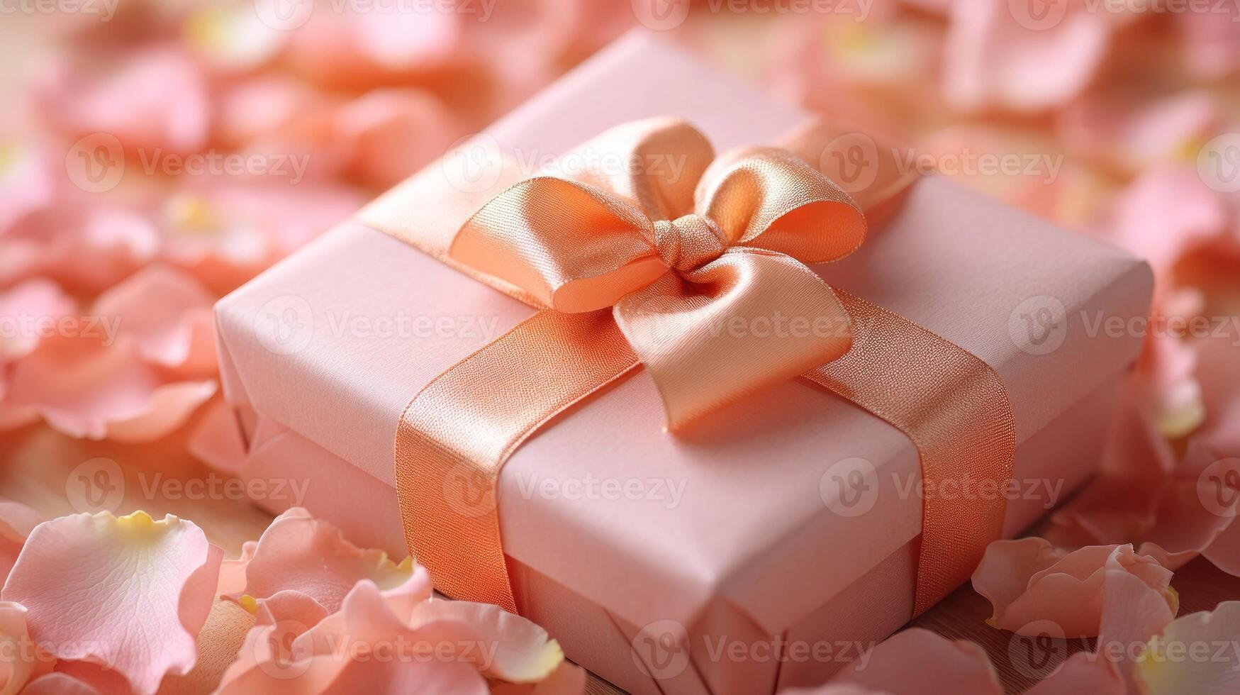Gift box with pink ribbon and rose petals on a background of pink petals photo