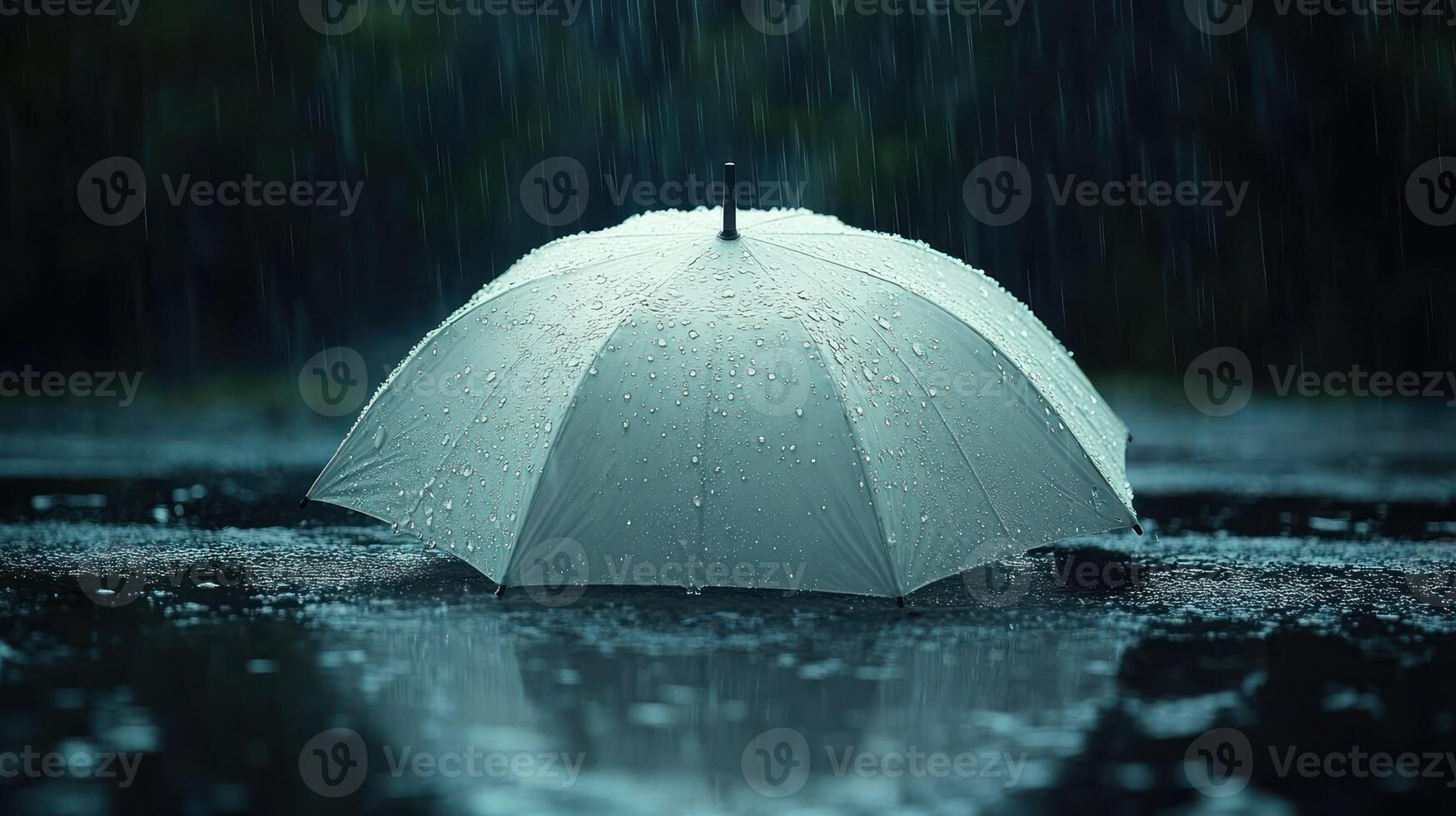 An umbrella is standing in the rain photo