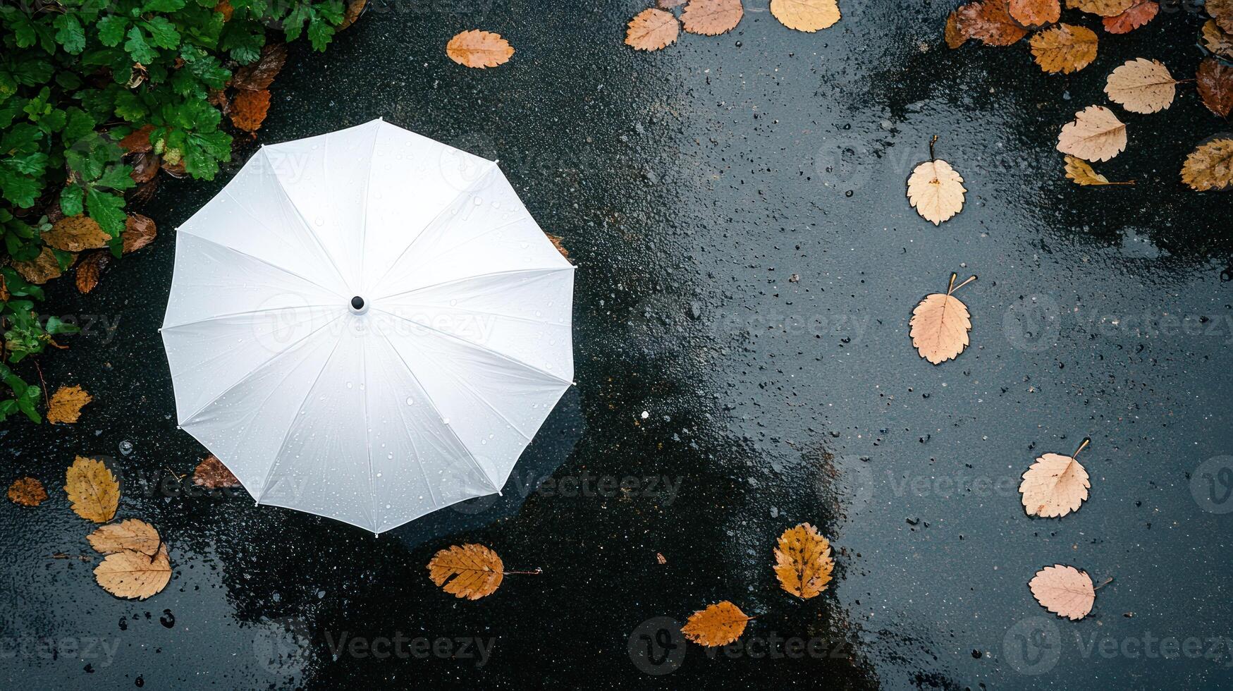 An umbrella is on the ground in the rain photo