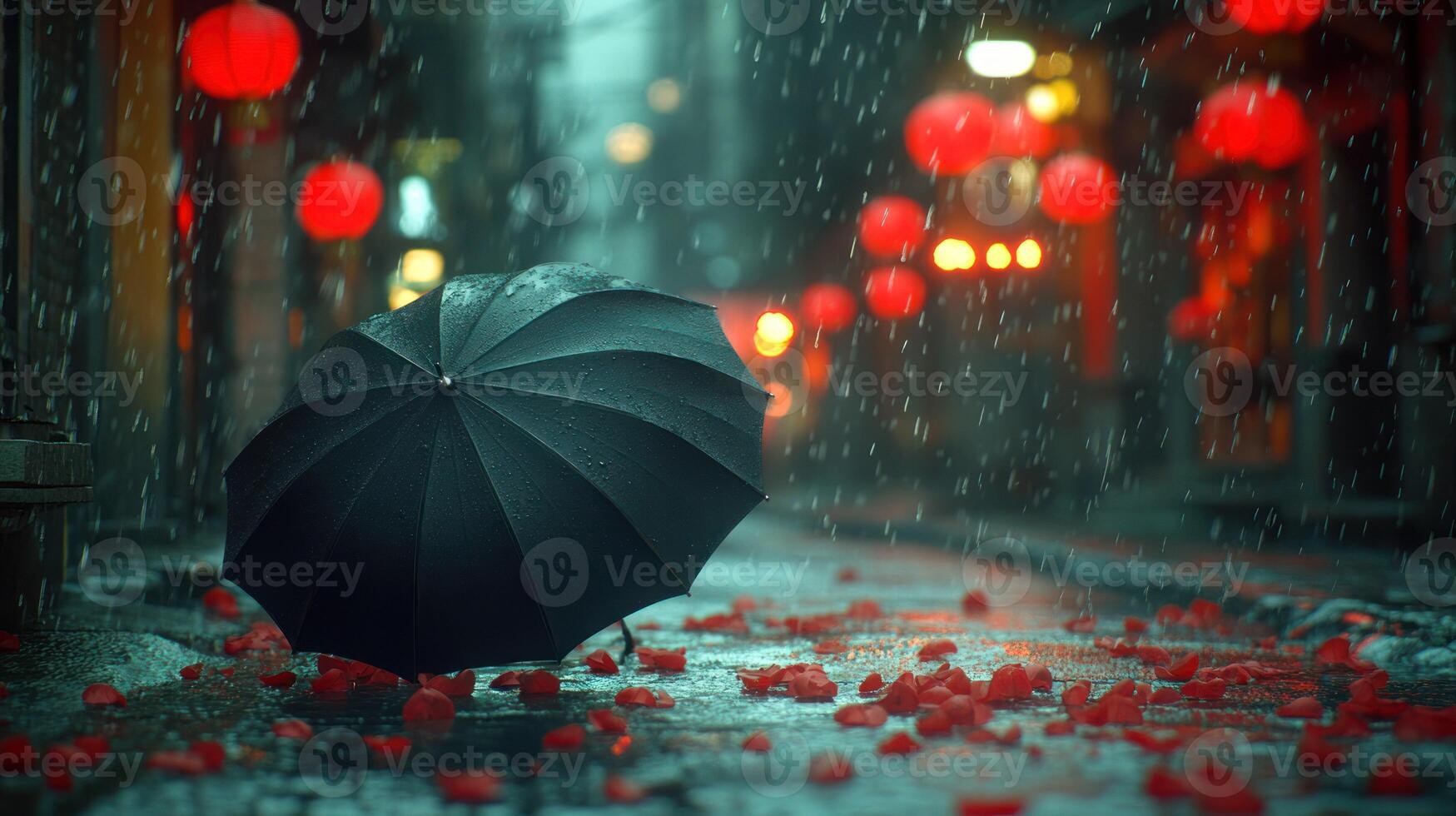 A black umbrella is standing in the rain photo