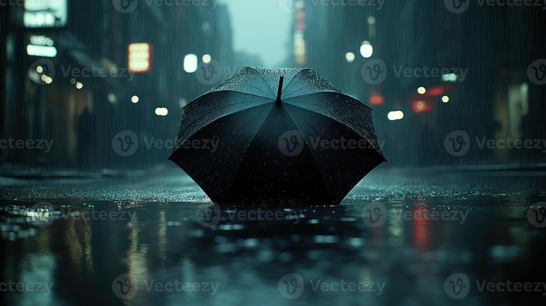 A black umbrella sitting in the rain on a wet street photo