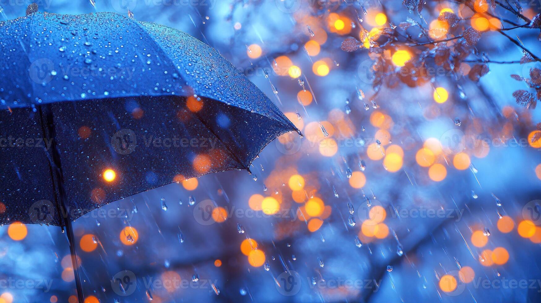 An umbrella is shown in the rain with lights photo