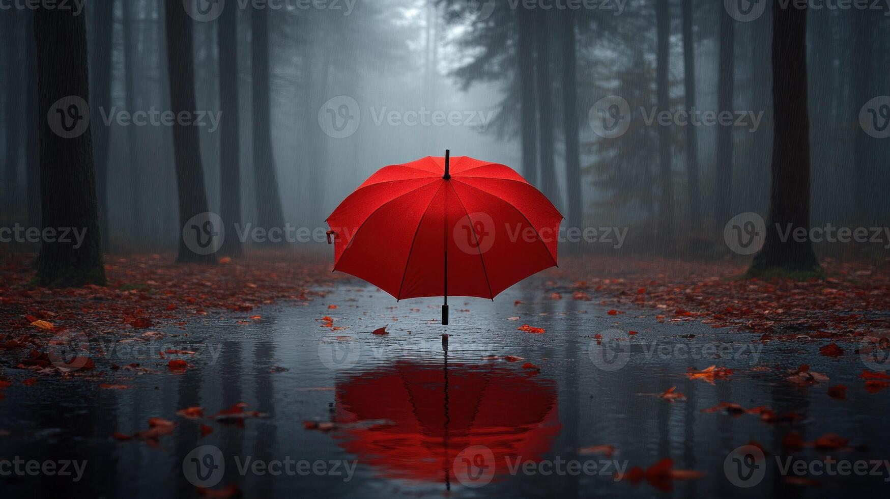 A red umbrella in the middle of a forest photo